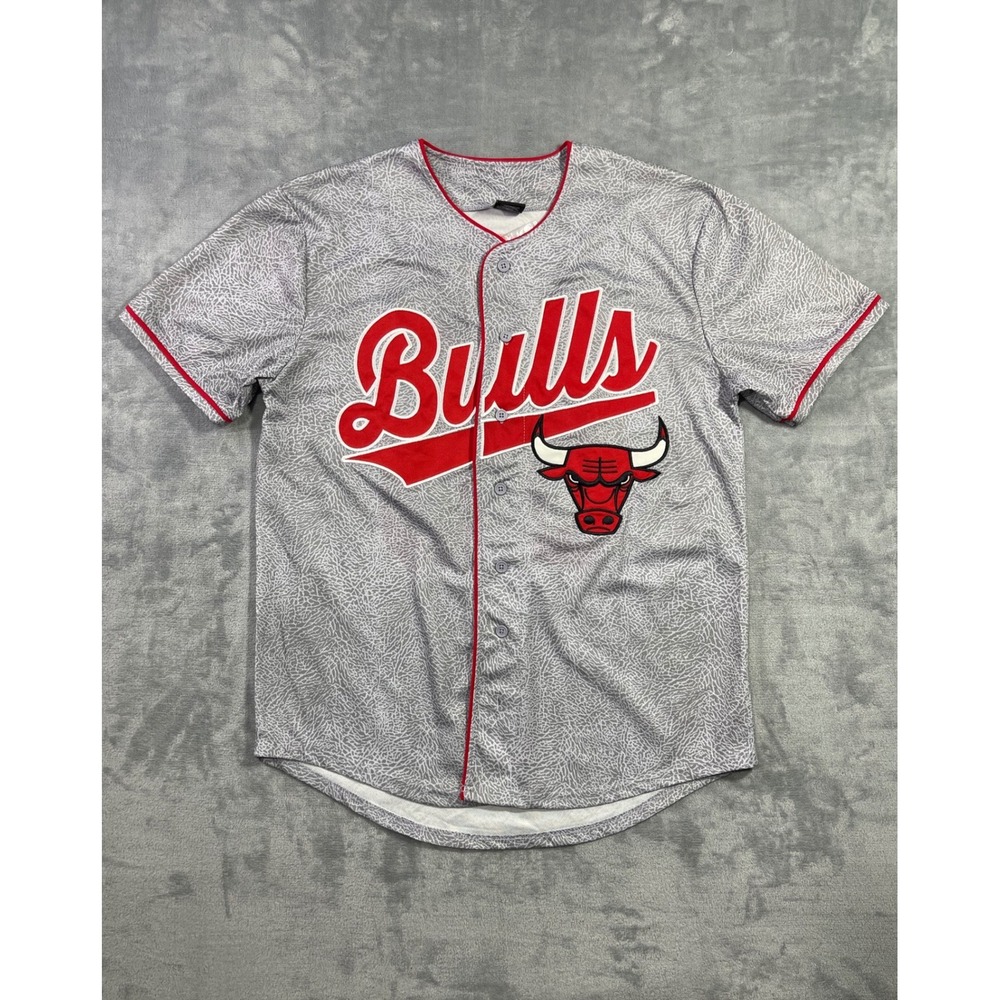 Chicago Bulls Baseball Jersey Grey Elephant Print Red Mens Large 66 Button Up